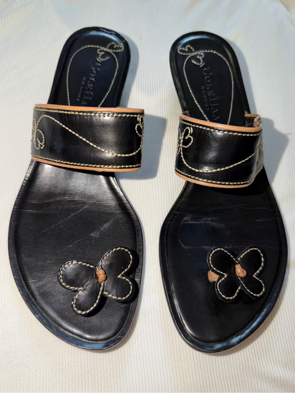 Y2K Cole Haan Black Leather Slide Sandals with Tan Stitching & Butterfly